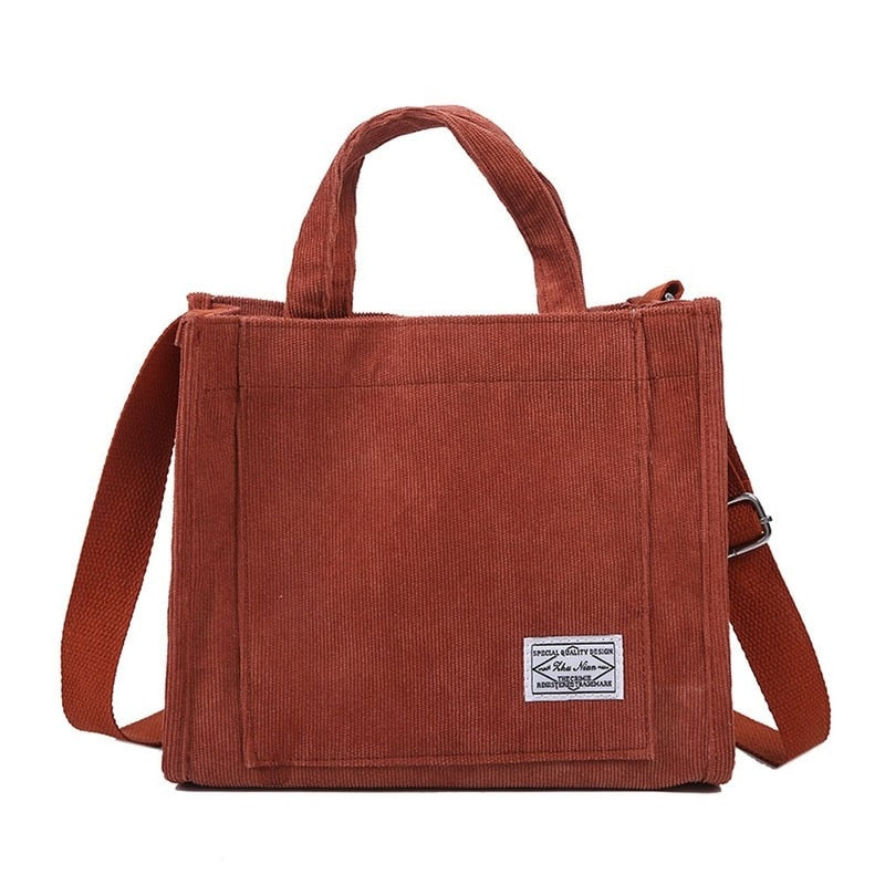 Women Corduroy Zipper Shoulder Bag Small Cotton Canvas Handbag