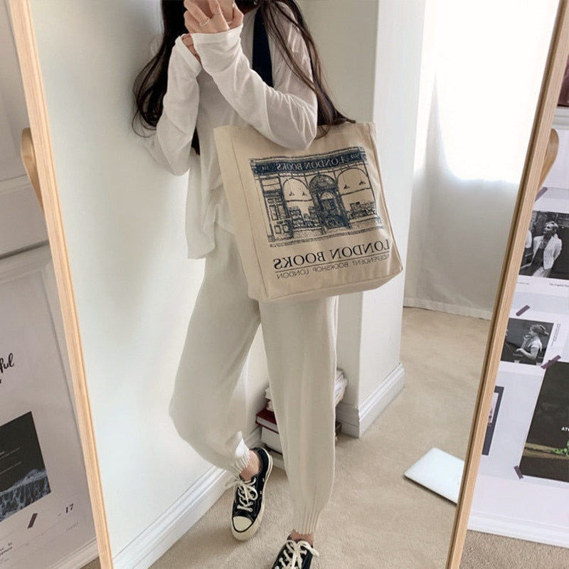 Canvas Shoulder Bag London Books Print Ladies Casual Handbag